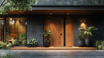 Poster - modern entrance door,wood effect wall covering generative ai,stock photo