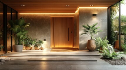Poster - modern entrance door,wood effect wall covering generative ai