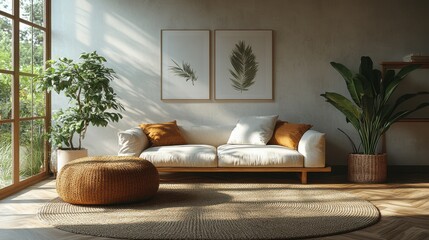Poster - modern interior japandi style design livingroom lighting,sunny scandinavian apartment,plaster,wood 3d render illustration,photo stock