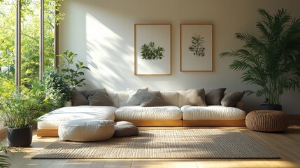 Poster - modern interior japandi style design livingroom lighting,sunny scandinavian apartment,plaster,wood 3d render illustration,stock photo