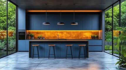 Poster - modern kitchen interior,blue cabinets,bar stools 3d rendering,stock image