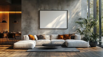 Poster - modern living room interior design,a white blank wall mockup frame on the wooden floor,a light beige sofa black coffee table,dining area in the background
