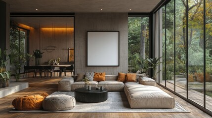 Poster - modern living room interior design,a white blank wall mockup frame on the wooden floor,a light beige sofa black coffee table,dining area in the background,photo stock