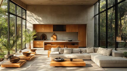 Poster - modern minimalist kitchen,living room,wooden accents,large windows,stock photo