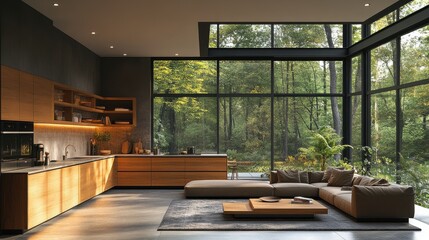 Poster - modern minimalist kitchen,living room,wooden accents,large windows