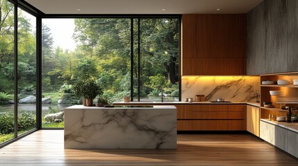 Poster - modern minimalist kitchen,wooden cabinets,light marble island 3d rendering,stock photo