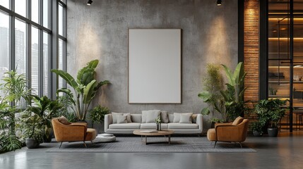 Poster - modern office interior,blank vertical canvas on the wall