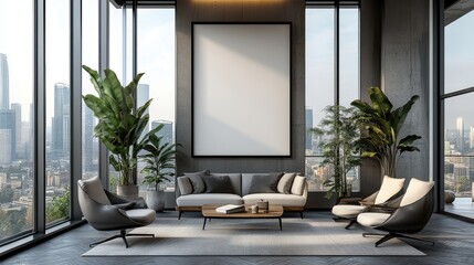 Poster - modern office interior,blank vertical poster on wall coworking desks,chairs by large windows clean,minimal style 3d rendering,stock image