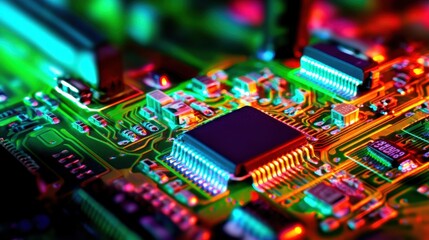 Poster - Close-up of a vibrant circuit board showcasing intricate electronic components and colorful lights