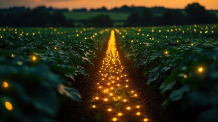 Aufkleber - nighttime view of smart farm,digital grid overlay enhancing crop rows concept smart farming digital grid nighttime view crop rows technology integration,photo stock