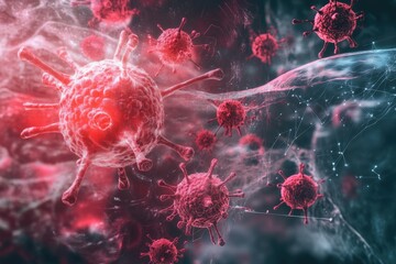 Poster - Representation of virus particles in a dark, colorful environment with a glowing effect