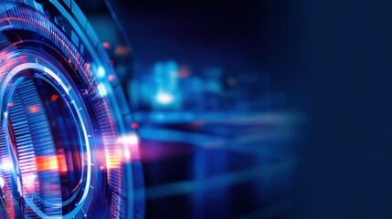 Aufkleber - Futuristic digital interface with glowing circular elements and abstract cityscape background
