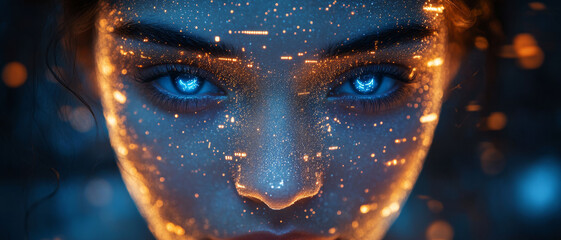 Poster - descriptionglowing digital face recognition interface with blue