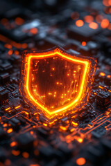 Poster - glowing shield icon over digital circuit board
