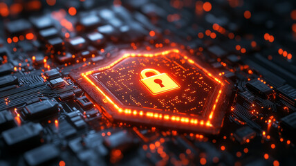 Poster - High tech digital shield with glowing lock symbol, representing