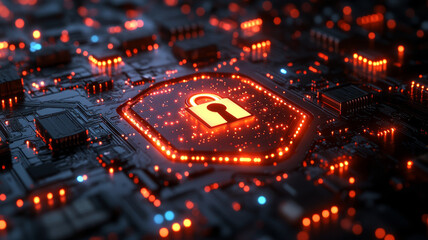 Poster - High tech digital shield with glowing lock symbol, representing