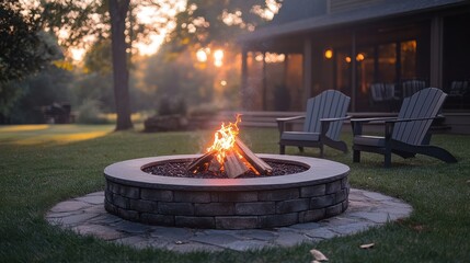 Aufkleber - outdoor fire pit in the backyard,lawn chairs seating on a late summer night generative ai