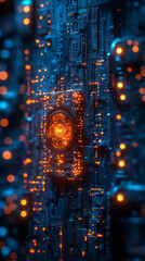 Poster - High tech circuit board with glowing elements and lights