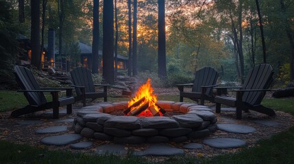 Aufkleber - outdoor fire pit in the backyard,lawn chairs seating on a late summer night generative ai,stock image