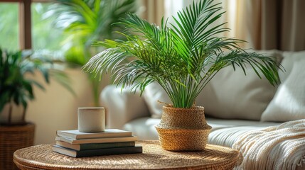 Poster - palm plant,books on coffee table in living room,photo stock