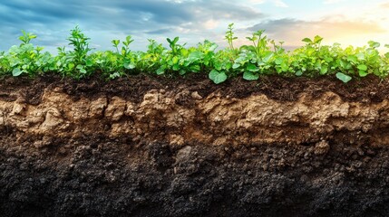 Poster - panorama of soil layers cross section roots penetrate various soil types visible layers show earth structure plants grow on top soil dry earth areas deep cracks natural environment natural