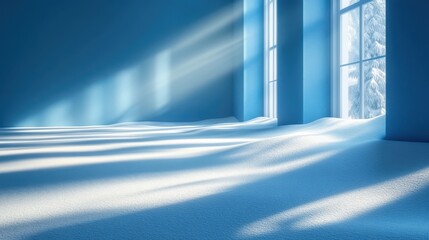 Fototapete - panoramic abstract blue background for product presentation,sunlight,blurred shadows wall winter background,photo stock