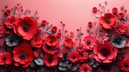 Aufkleber - paper cut style red flowers,heart shapes on a soft pink background flat lay composition,copy space perfect for valentine s day love wedding or romantic greeting cards generative ai,stock image