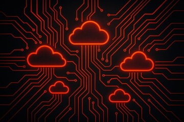 Fototapete - Cloud Network: A stylized digital rendering depicts interconnected clouds overlaid upon a detailed circuit board pattern, symbolizing the core elements of cloud computing and data management.
