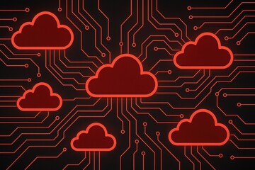 Fototapete - Cloud Network: An intricate network of interconnected red clouds floats above a digital circuit board, symbolizing the complex and expansive landscape of cloud computing.