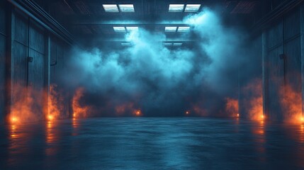 Poster - perspective view dark smokey garage interior,spotlight,concrete floor car background,empty stage concept 3d rendering mockup