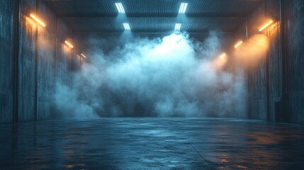 Poster - perspective view dark smokey garage interior,spotlight,concrete floor car background,empty stage concept 3d rendering mockup,stock image