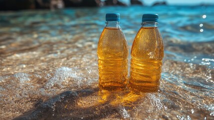 Poster - plastic bottles floating in clear ocean water demonstrate pollution levels