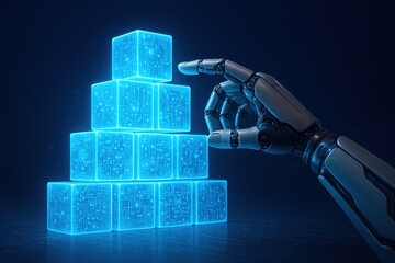 Poster - Robotic Hand Building Pyramid: A futuristic robotic hand meticulously builds a pyramid using glowing blue cubes. This photorealistic scene embodies technology, innovation.