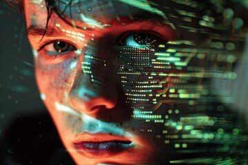 Poster - Digital Fusion, A Young Man's Face Merges with Circuitry in a Stunning Portrait