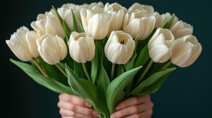 Aufkleber - png hands holding paper bunch of white tulip flower plant green,stock photo