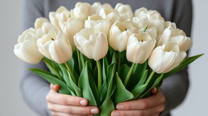Aufkleber - png hands holding paper bunch of white tulip flower plant green,photo stock
