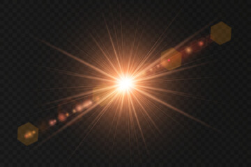 Wall Mural - Golden flare light glistens smoothly on transparent PNG layer. Star light shines in perfect circular sparkle motion. Sun flush fades softly with warm yellow tones. Glowing light overlays