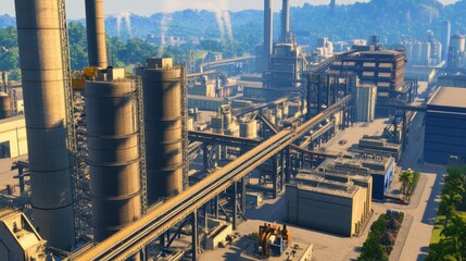 Poster - Aerial view of a modern industrial facility with machinery and green landscape in the background