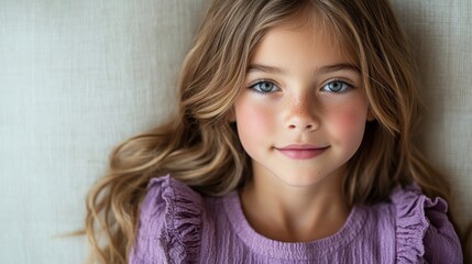 Poster - positive portrait of an 8 year old girl in vibrant purple attire smiling softly against a minimalistic white studio backdrop embodying youth fashion trends,stock photo