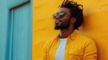 Poster - pregnant transgender african american black man yellow,blue colour scheme copy space ai generated ai,stock photo
