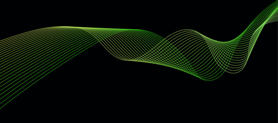 Poster - abstract green gradient color wavy lines on black background.