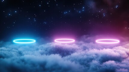 Poster - Illuminated Glowing neon rings floating in a dark space, creating a futuristic and surreal look.