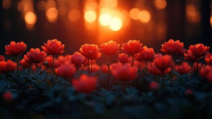Aufkleber - red flowers,long petals blooming in a forest setting during twilight,blurred background of trees,foliage,stock photo