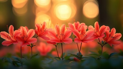Aufkleber - red flowers,long petals blooming in a forest setting during twilight,blurred background of trees,foliage