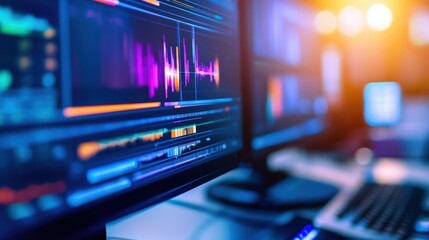 Poster - Modern digital workspace showcasing audio editing software with vibrant waveforms on screens