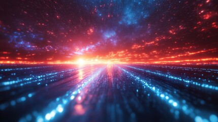 Poster - retro 80s video game background,grid of blue light streaking in space,stock photo