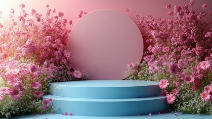 Aufkleber - round empty podium on a soft pastel background surrounded by flowers hearts perfect for mother s day women s day march 8 easter promotions podium for product presentation,demonstration,stock image
