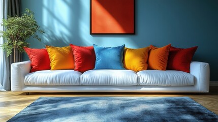 Poster - scandinavian interior design of modern living room home colorful vibrant pillows on white sofa against wall,art poster frame,stock image