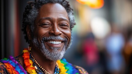 Poster - senior black african american gay man celebrating pride festival,rainbow flags candid lgbtq summer parade,photo stock
