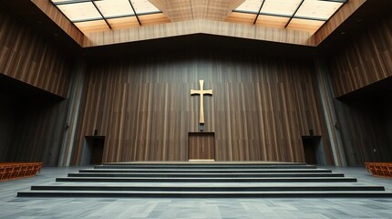 Modern wooden church interior featuring cross, stage, and skylight design